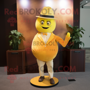 Gold Grapefruit mascot costume character dressed with a Blouse and Watches
