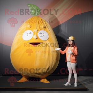 Gold Grapefruit mascot costume character dressed with a Blouse and Watches
