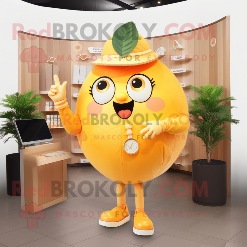 Gold Grapefruit mascot costume character dressed with a Blouse and Watches Gold Grapefruit mascot costume character dressed with a Blouse and Watches