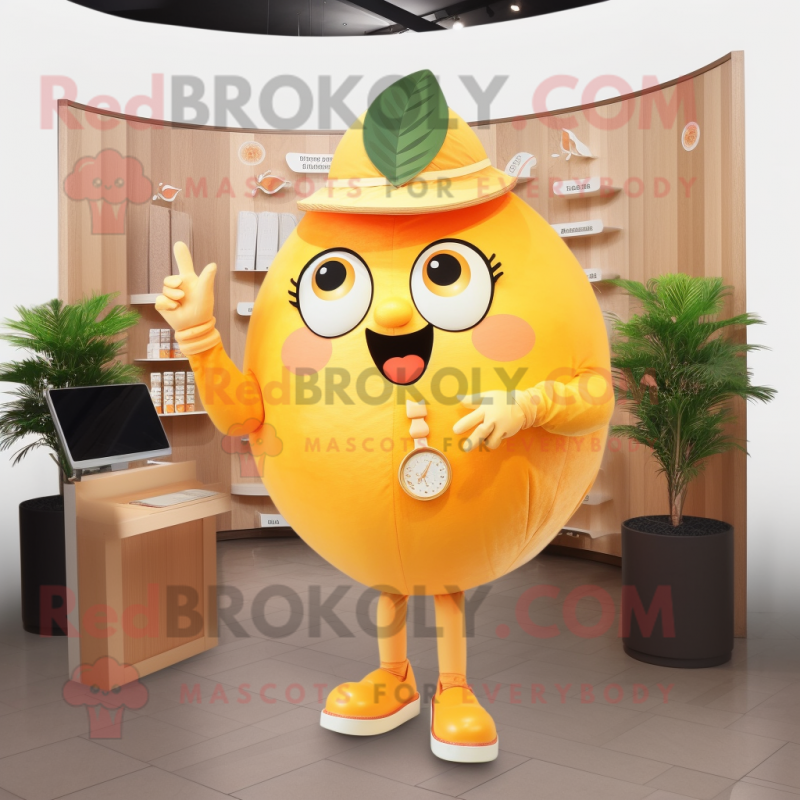 Gold Grapefruit mascot costume character dressed with a Blouse and Watches