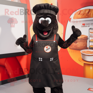 Black Currywurst mascot costume character dressed with a Overalls and Lapel pins