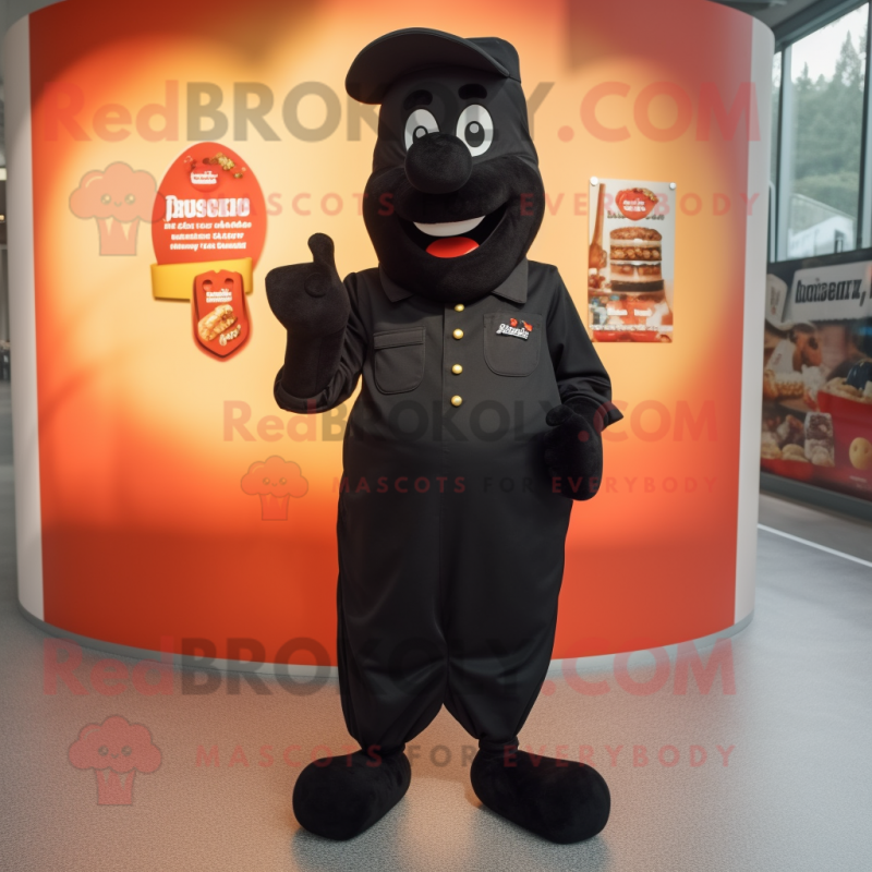 Black Currywurst mascot costume character dressed with a Overalls and Lapel pins