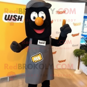Black Currywurst mascot costume character dressed with a Overalls and Lapel pins