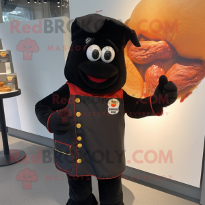 Black Currywurst mascot costume character dressed with a Overalls and Lapel pins