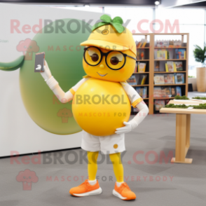 Yellow Grapefruit mascot costume character dressed with a Yoga Pants and Reading glasses