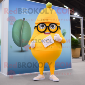 Yellow Grapefruit mascot costume character dressed with a Yoga Pants and Reading glasses