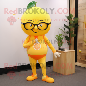 Yellow Grapefruit mascot costume character dressed with a Yoga Pants and Reading glasses