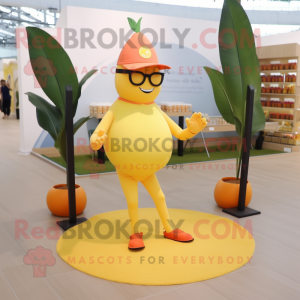 Yellow Grapefruit mascot costume character dressed with a Yoga Pants and Reading glasses