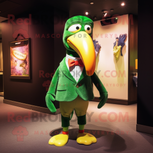 Green Toucan mascot costume character dressed with a Sweater and Bow ties