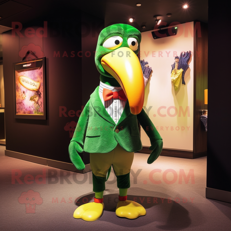 Green Toucan mascot costume character dressed with a Sweater and Bow ties Green Toucan mascot costume character dressed with a Sweater and Bow ties