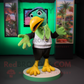 Green Toucan mascot costume character dressed with a Sweater and Bow ties