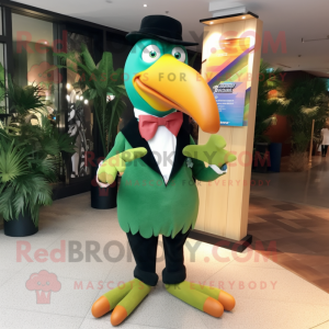 Green Toucan mascot costume character dressed with a Sweater and Bow ties