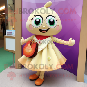 Cream Plum mascot costume character dressed with a Mini Skirt and Clutch bags