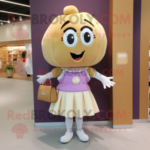 Cream Plum mascot costume character dressed with a Mini Skirt and Clutch bags