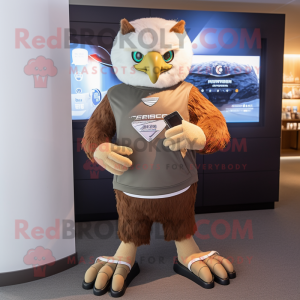 Tan Eagle mascot costume character dressed with a Sweater and Smartwatches
