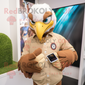 Tan Eagle mascot costume character dressed with a Sweater and Smartwatches