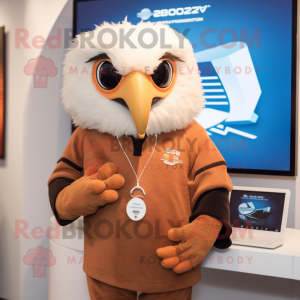 Tan Eagle mascot costume character dressed with a Sweater and Smartwatches