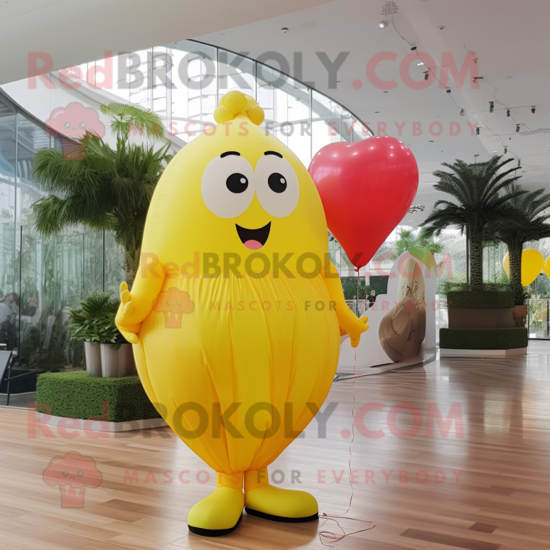 Lemon Yellow Heart Shaped Balloons mascot costume character dressed with a Maxi Skirt and Pocket squares Lemon Yellow Heart Shaped Balloons mascot costume character dressed with a Maxi Skirt and Pocket squares