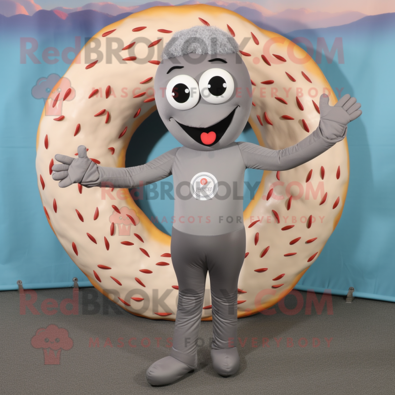 Gray Donut mascot costume character dressed with a Long Sleeve Tee and Bracelets Gray Donut mascot costume character dressed with a Long Sleeve Tee and Bracelets