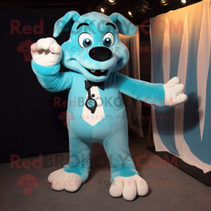 Cyan Dog mascot costume character dressed with a Suit Pants and Foot pads