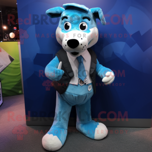 Cyan Dog mascot costume character dressed with a Suit Pants and Foot pads