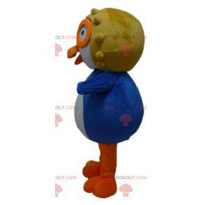 Mascotte uccello blu e bianco con un casco da aviatore -