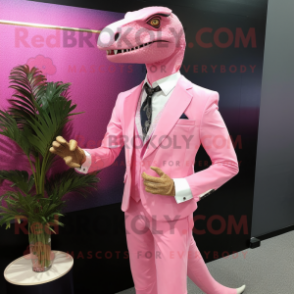 Pink Velociraptor mascot costume character dressed with a Blazer and Suspenders