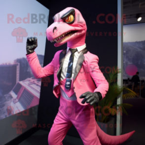 Pink Velociraptor mascot costume character dressed with a Blazer and Suspenders