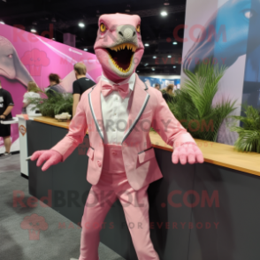 Pink Velociraptor mascot costume character dressed with a Blazer and Suspenders