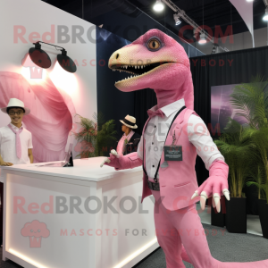 Pink Velociraptor mascot costume character dressed with a Blazer and Suspenders