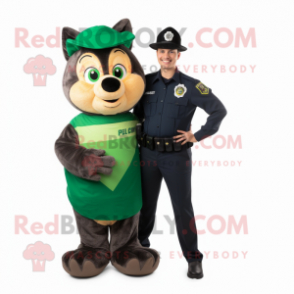 Forest Green Police Officer mascot costume character dressed with a Flannel Shirt and Wraps