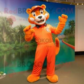 Orange Panther mascot costume character dressed with a Polo Tee and Hair clips