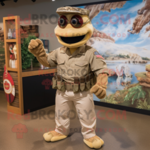 Tan Marine Recon mascot costume character dressed with a Dress Shirt and Headbands