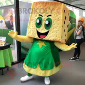 Green Grilled Cheese Sandwich mascot costume character dressed with a Wrap Skirt and Earrings