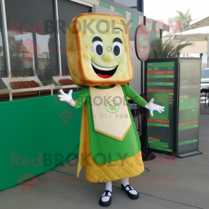 Green Grilled Cheese Sandwich mascot costume character dressed with a Wrap Skirt and Earrings