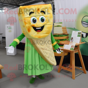 Green Grilled Cheese Sandwich mascot costume character dressed with a Wrap Skirt and Earrings