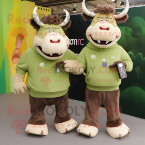 Olive Yak mascot costume character dressed with a Sweatshirt and Smartwatches