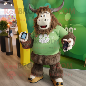 Olive Yak mascot costume character dressed with a Sweatshirt and Smartwatches