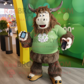 Olive Yak mascot costume character dressed with a Sweatshirt and Smartwatches