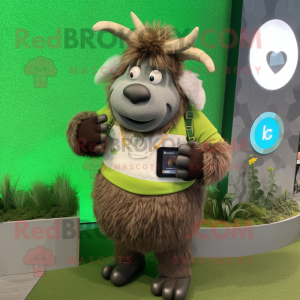 Olive Yak mascot costume character dressed with a Sweatshirt and Smartwatches