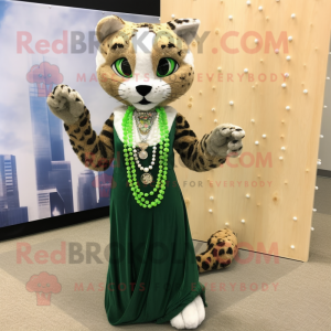 Olive Bobcat mascot costume character dressed with a Evening Gown and Necklaces