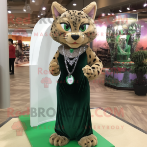 Olive Bobcat mascot costume character dressed with a Evening Gown and Necklaces