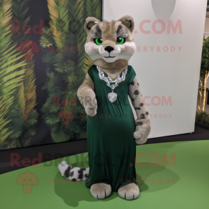 Olive Bobcat mascot costume character dressed with a Evening Gown and Necklaces