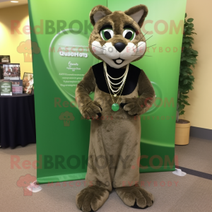 Olive Bobcat mascot costume character dressed with a Evening Gown and Necklaces