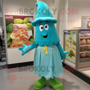 Turquoise Zucchini mascot costume character dressed with a A-Line Skirt and Berets