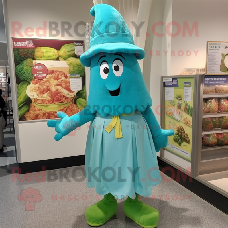 Turquoise Zucchini mascot costume character dressed with a A-Line Skirt and Berets Turquoise Zucchini mascot costume character dressed with a A-Line Skirt and Berets