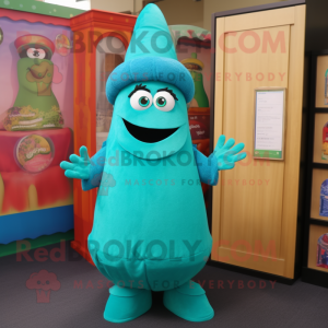 Turquoise Zucchini mascot costume character dressed with a A-Line Skirt and Berets