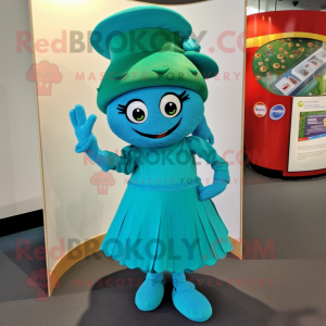 Turquoise Zucchini mascot costume character dressed with a A-Line Skirt and Berets