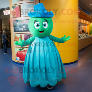 Turquoise Zucchini mascot costume character dressed with a A-Line Skirt and Berets