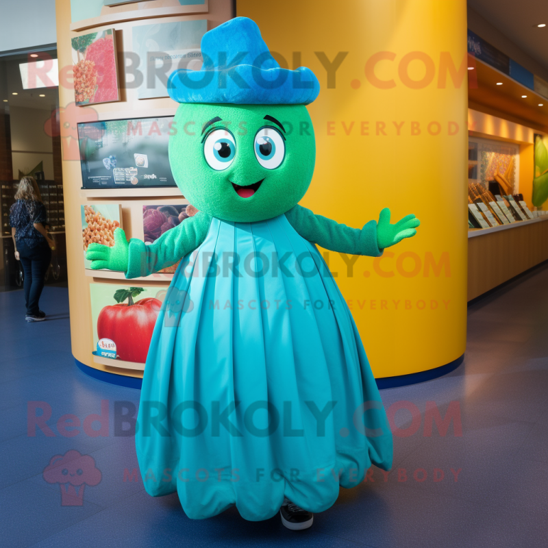Turquoise Zucchini mascot costume character dressed with a A-Line Skirt and Berets Turquoise Zucchini mascot costume character dressed with a A-Line Skirt and Berets